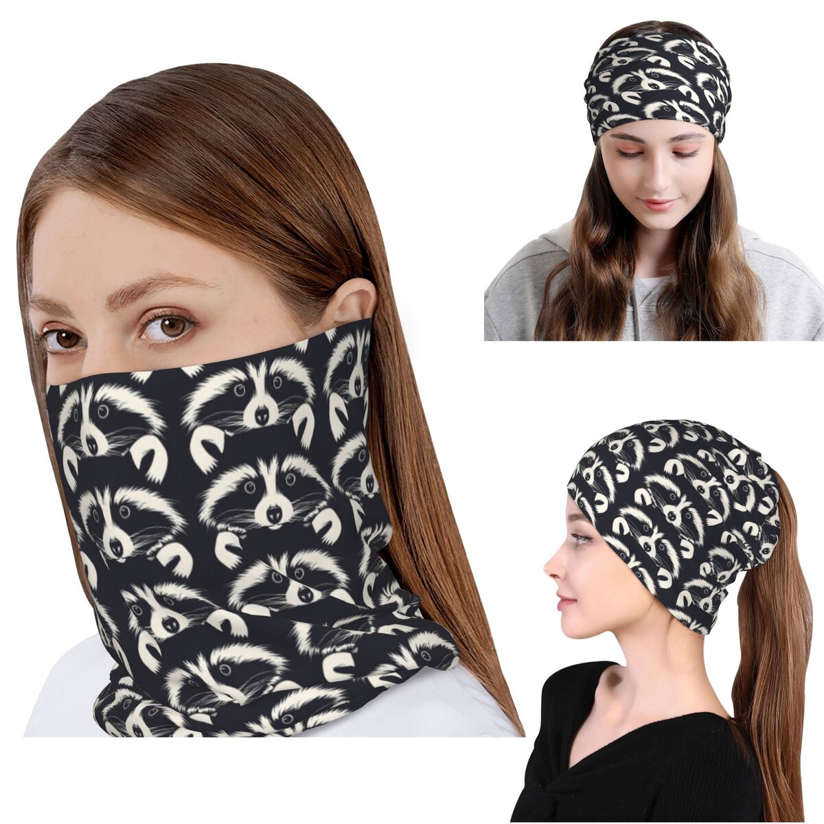 Bandana Blank White - Черно-белая бандана с рисунком енота, волшебный